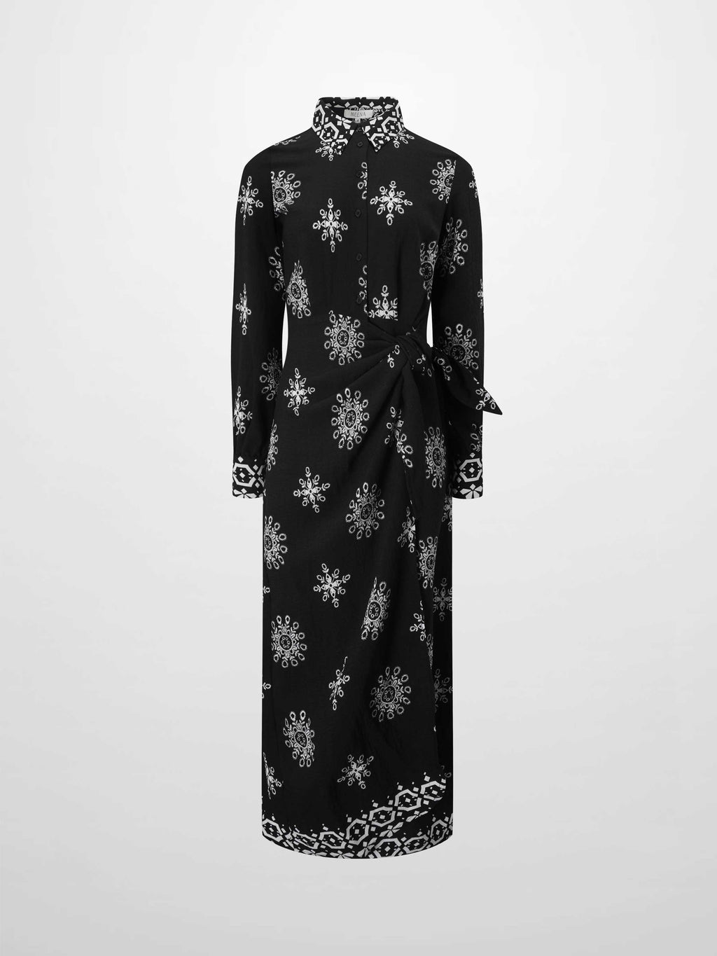 Black Medallion Wrap Shirtdress Women’s Elegant Printed Dress