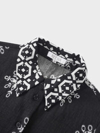 Black Medallion Wrap Shirtdress Women’s Elegant Printed Dress