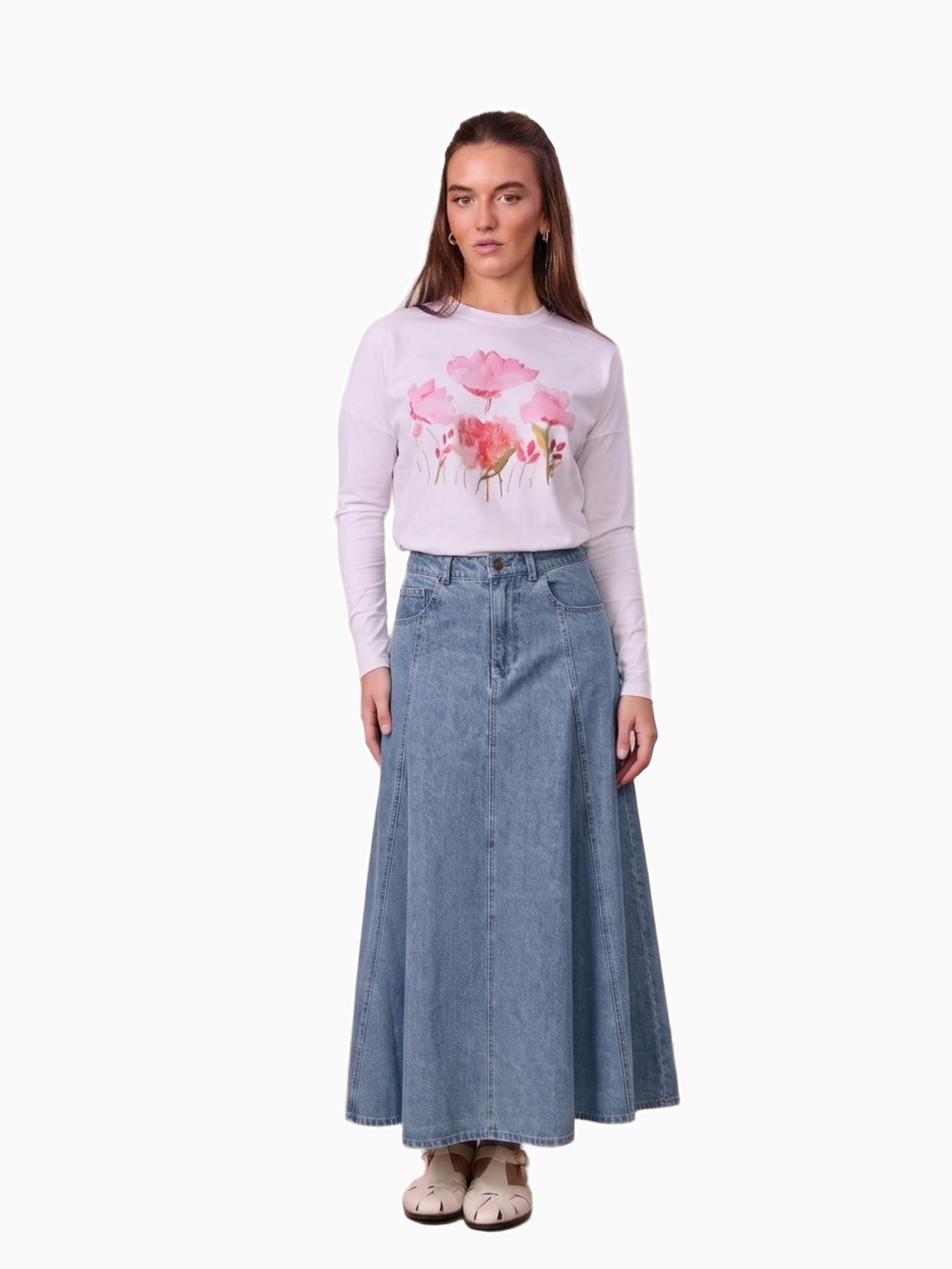 Light Blue Seamed Full Denim Skirt Casual Everyday Wear