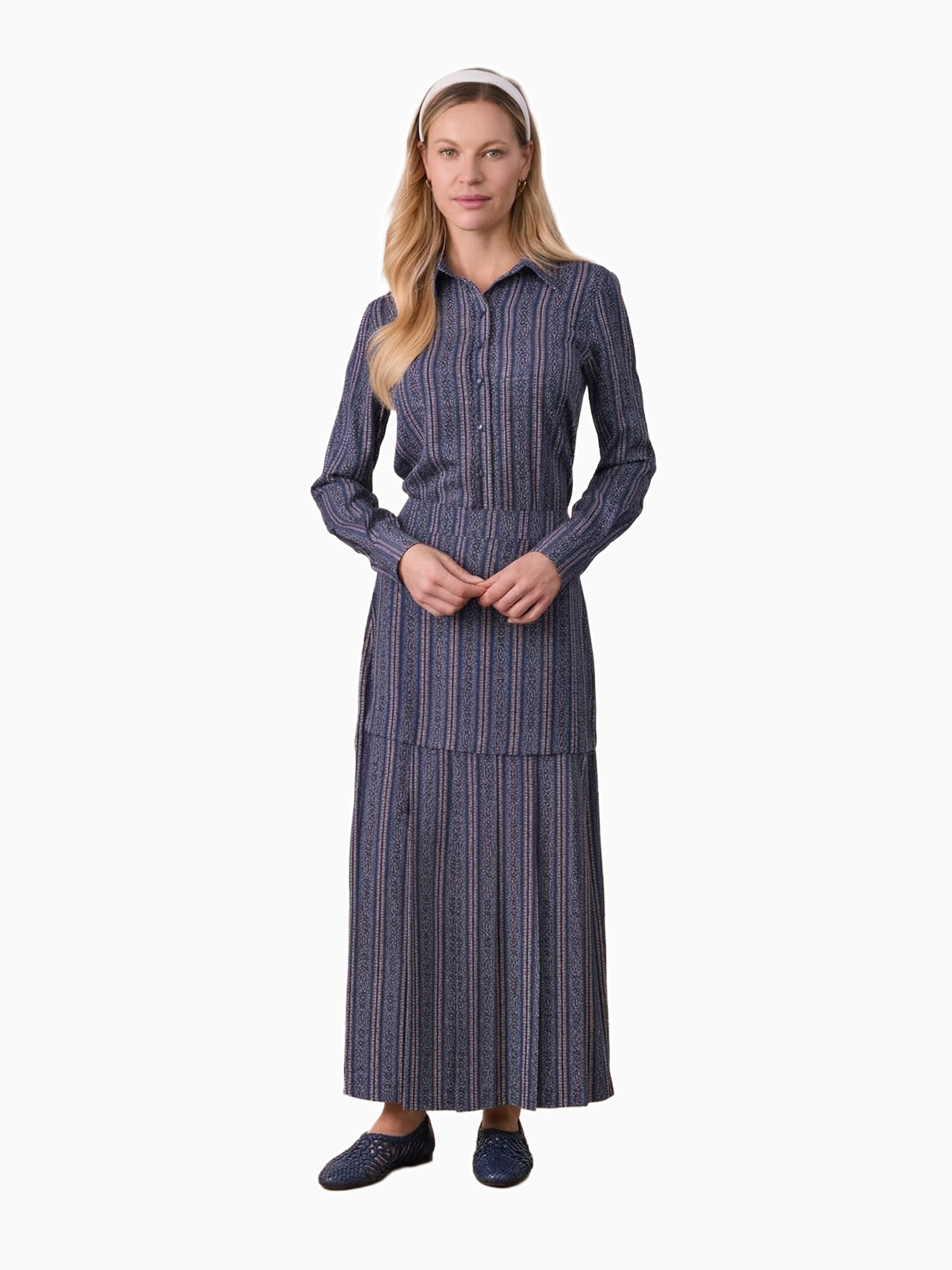 Pleat Bottom Blue Striped Medallion Flower Print Skirt