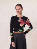Printed Ribbed T-Shirt Black Flower Pop Lightweight Casual Tee