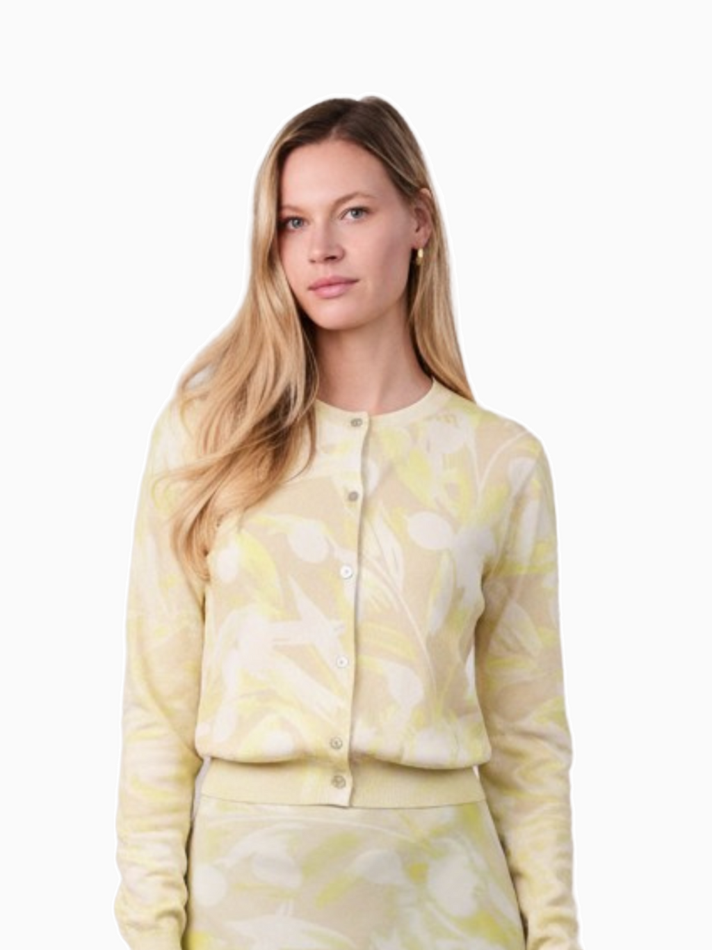 Yellow Floral Printed Thin Button-Down Crew Cardigan Lightweight Top