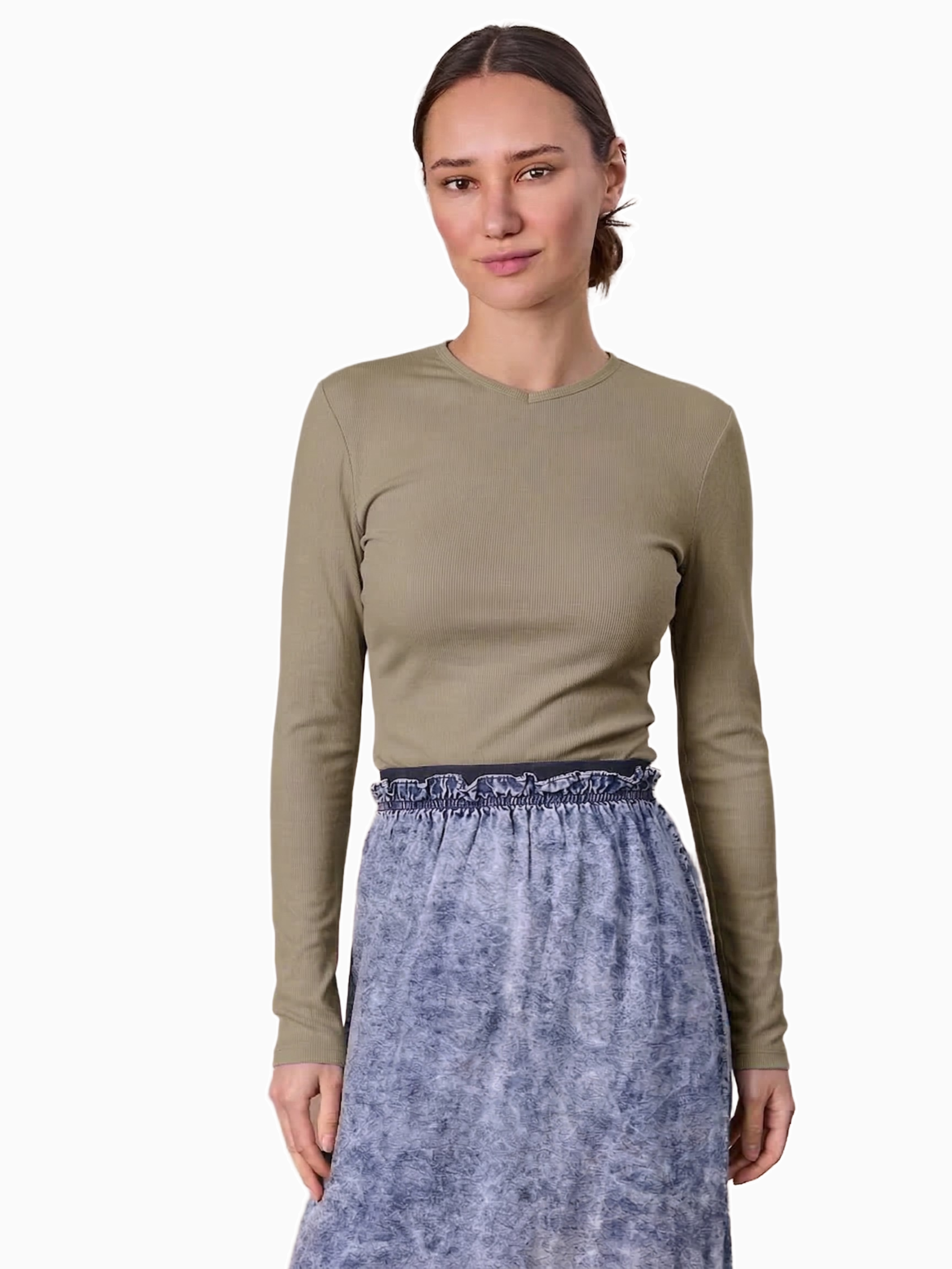 Soft Ribbed High V Neck Tee Olive Green Casual Basic Top