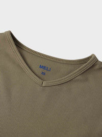Soft Ribbed High V Neck Tee Olive Green Casual Basic Top
