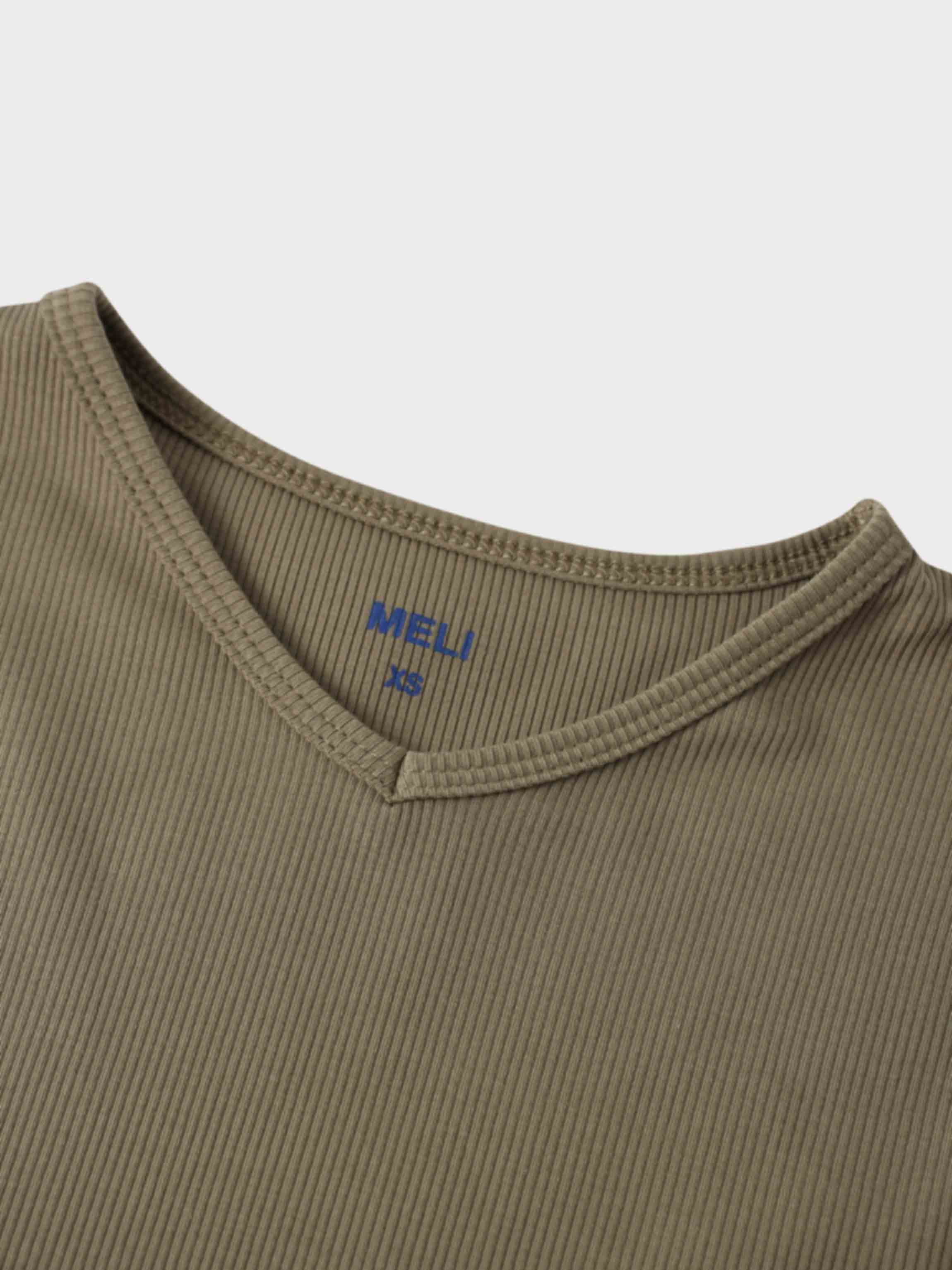 Soft Ribbed High V Neck Tee Olive Green Casual Basic Top