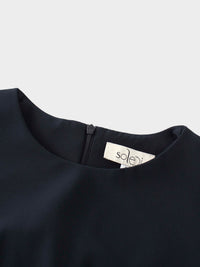 Navy Faux Satin Crew Neck Slip Dress Elegant Casual Basic