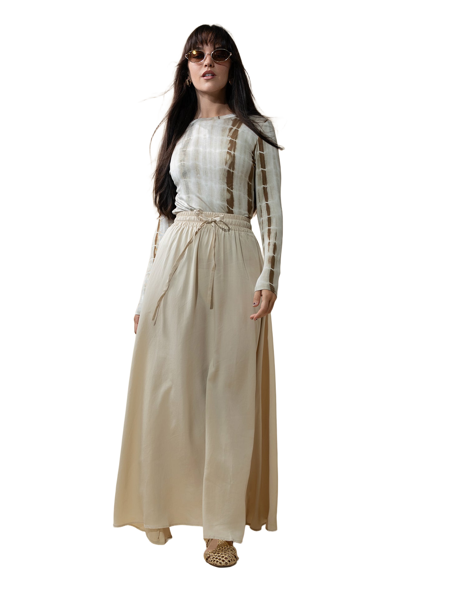Tan Drawstring Circle Skirt Lightweight Adjustable Fit Casual Skirt-0