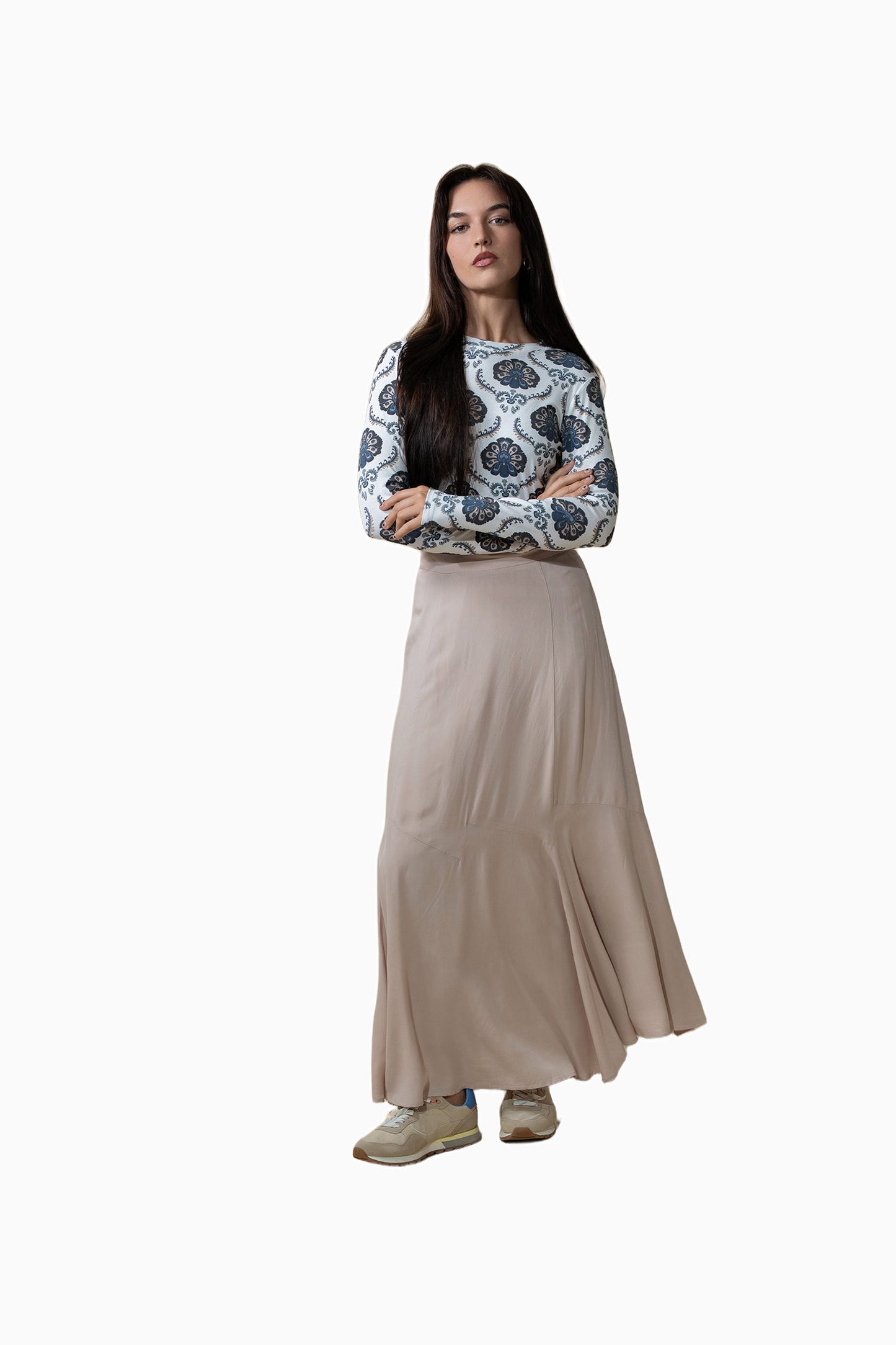 Beige long skirt on a white background