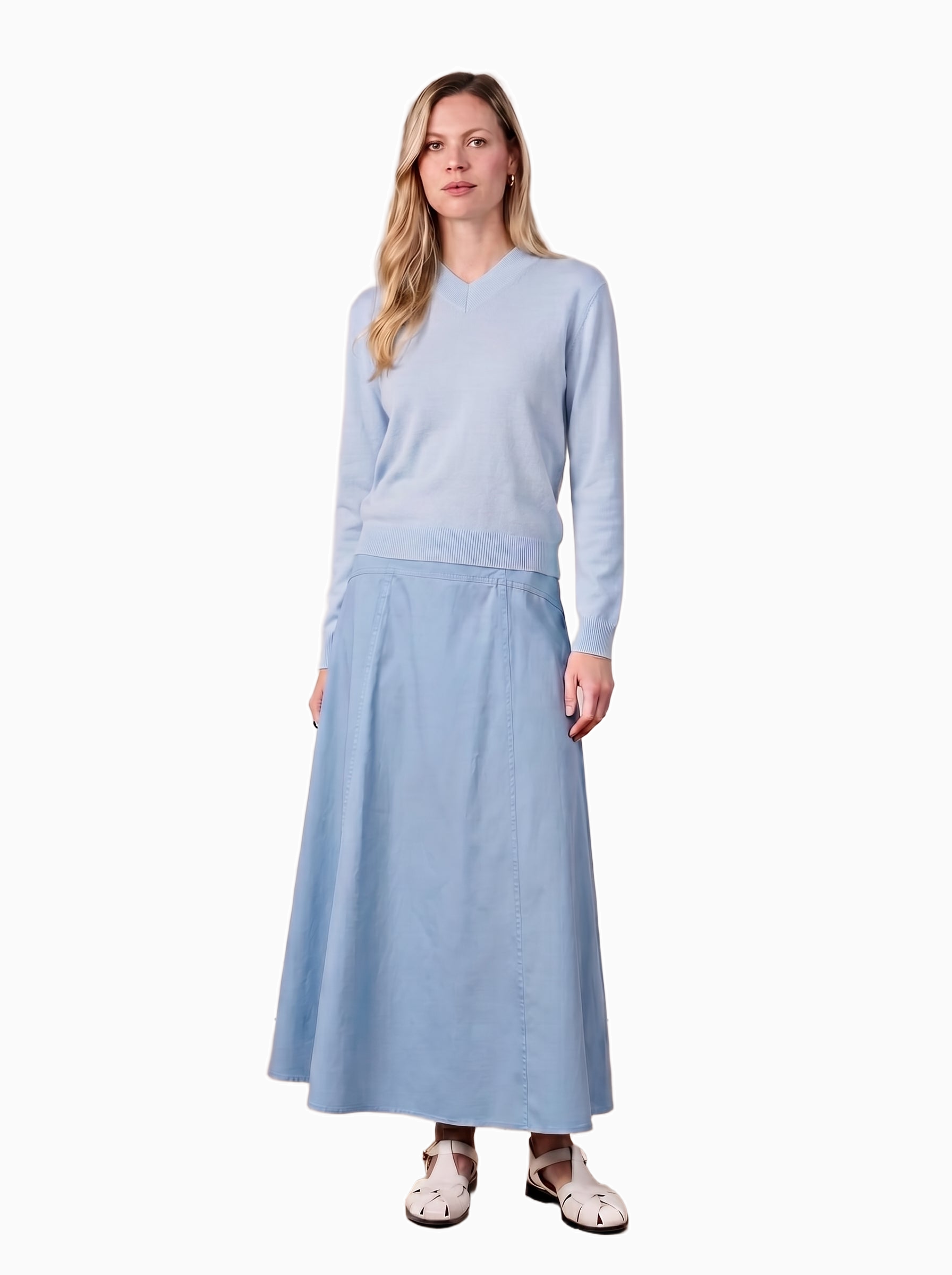 High V Lightweight Sweater Baby Blue Casual Knit Loose Fit Top-0