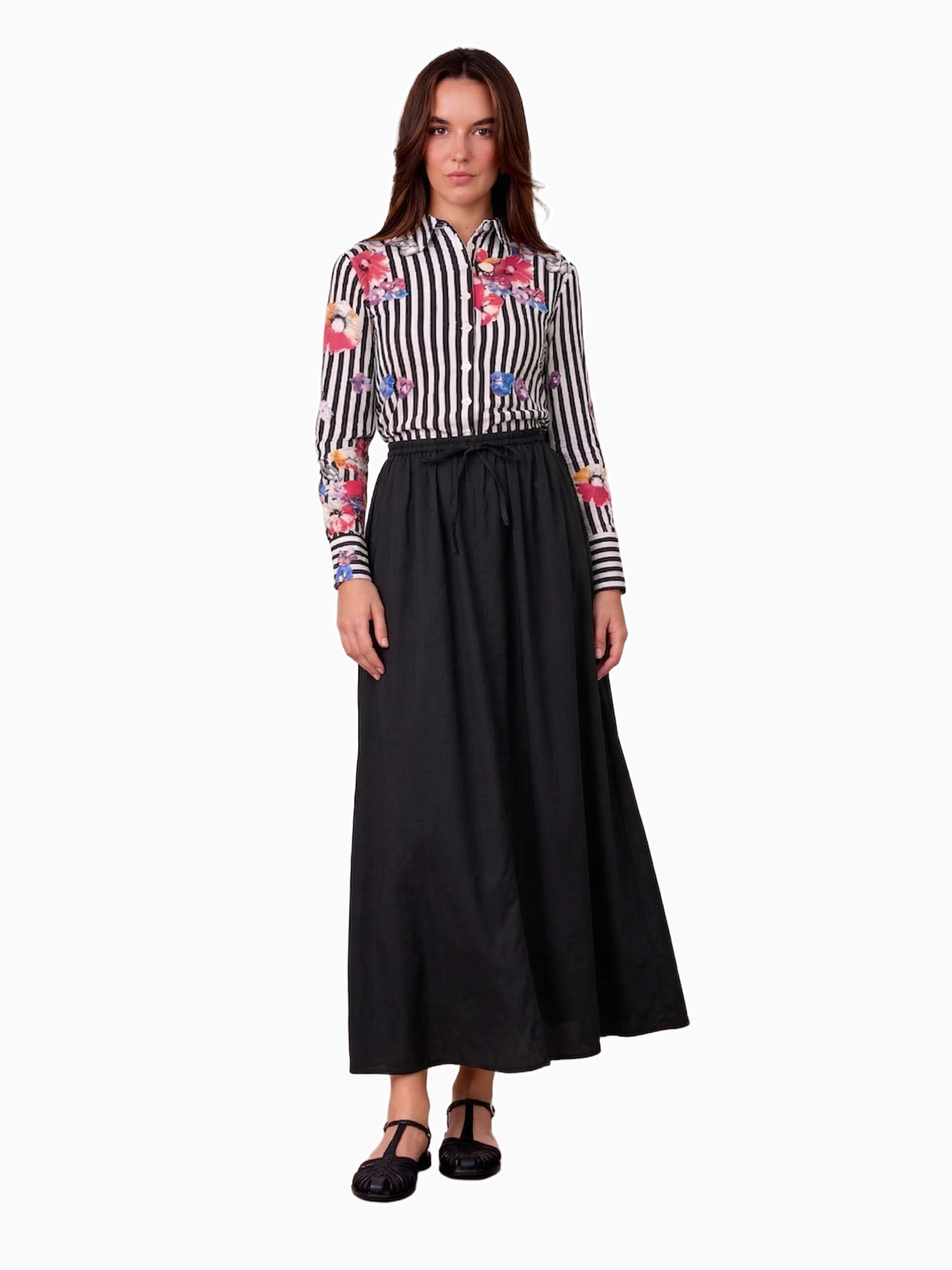 Black Drawstring Ruffle Skirt Elastic Waist Casual Versatile Skirt-0