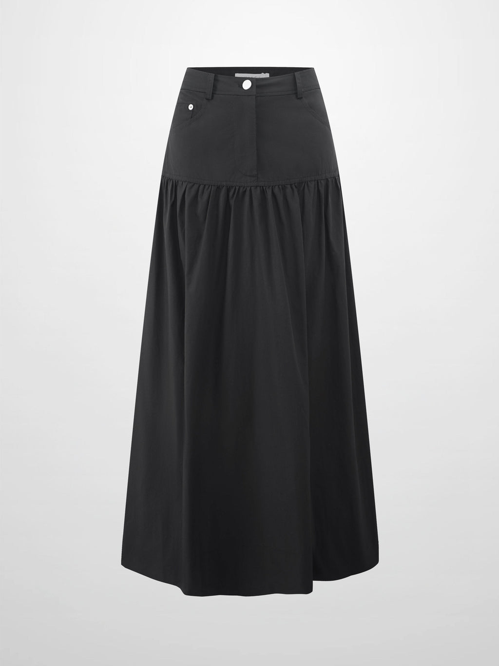 Gathered Drop Waist Yoke Skirt Black Casual Professional Office Wear-1