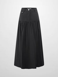 Gathered Drop Waist Yoke Skirt Black Casual Professional Office Wear-1