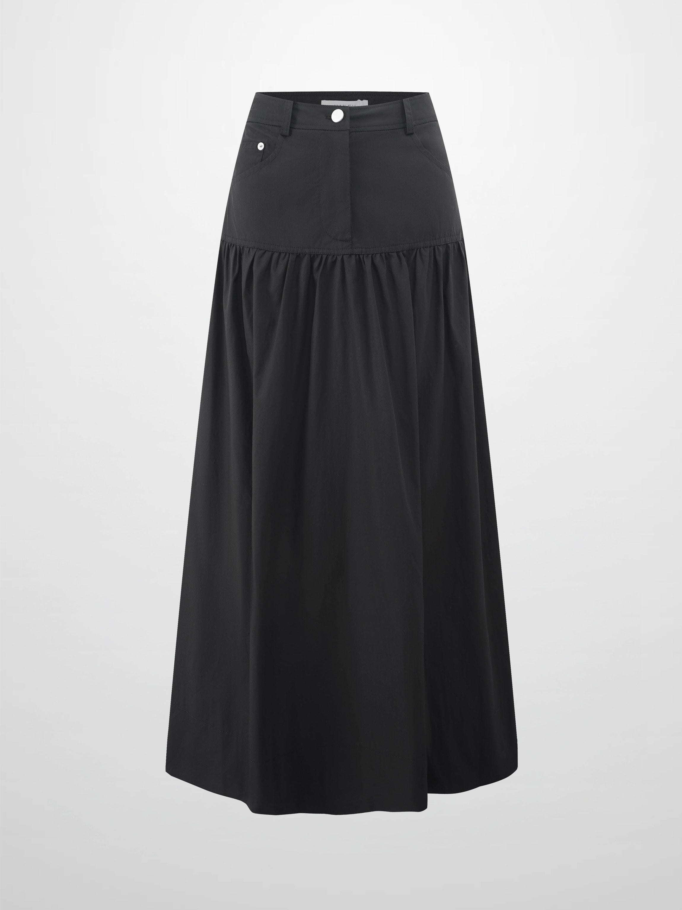 Gathered Drop Waist Yoke Skirt Black Casual Professional Office Wear-1