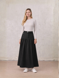 Gathered Drop Waist Yoke Skirt Black Casual Professional Office Wear-0