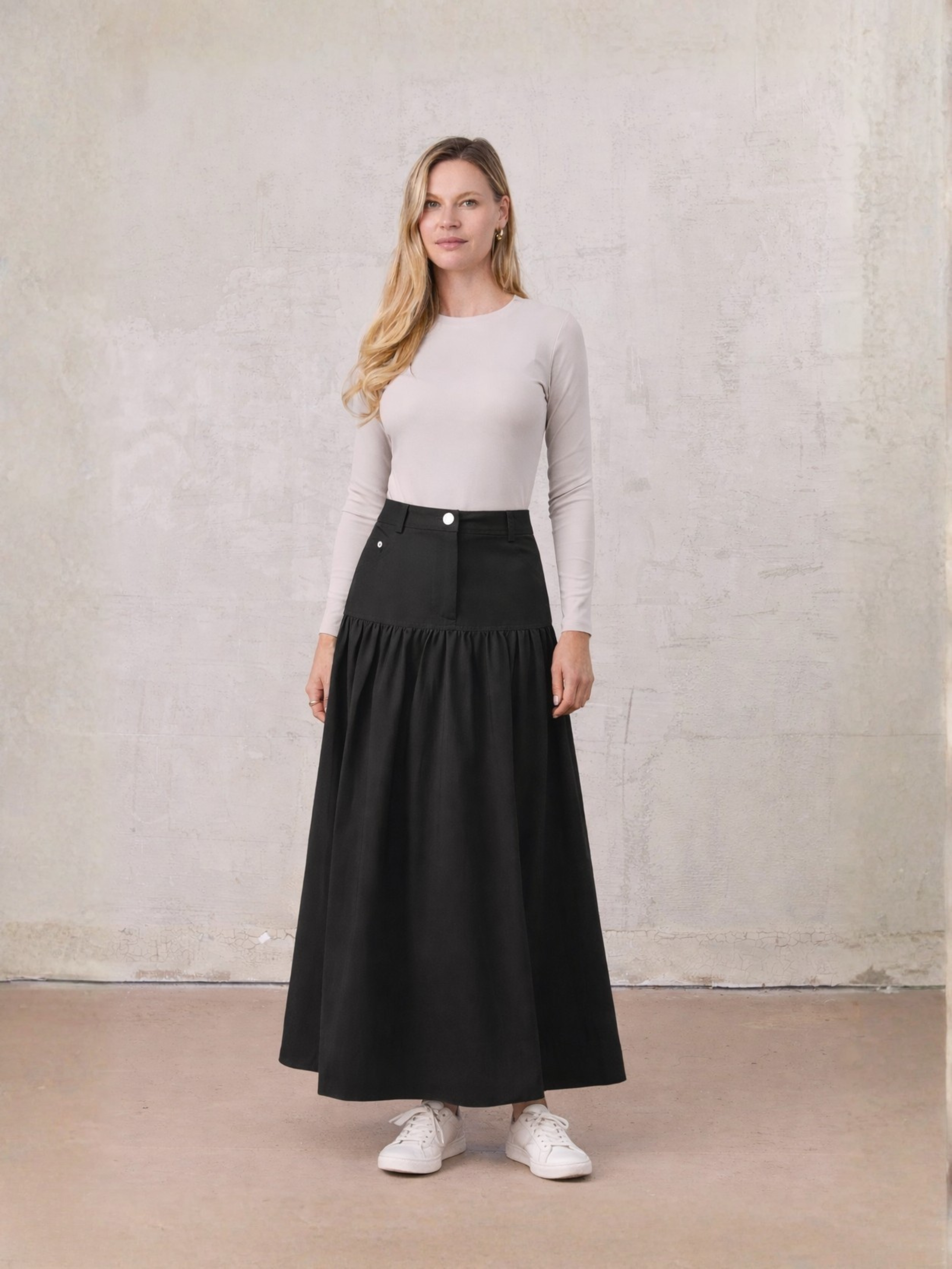 Gathered Drop Waist Yoke Skirt Black Casual Professional Office Wear-0