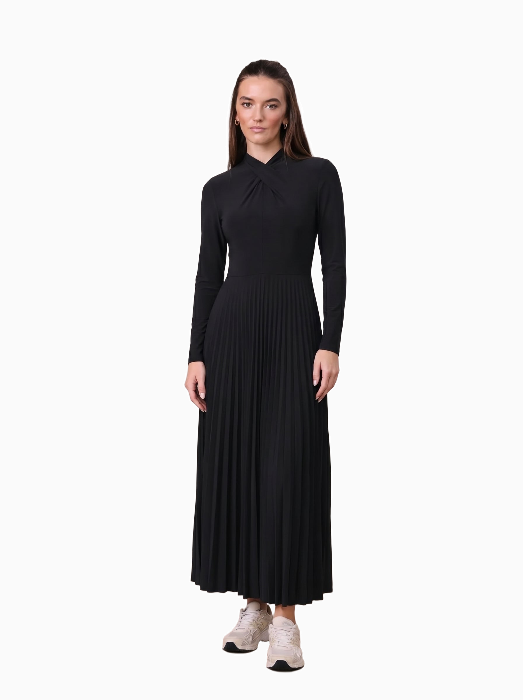 Black dress with a hood on a mannequin against a white background