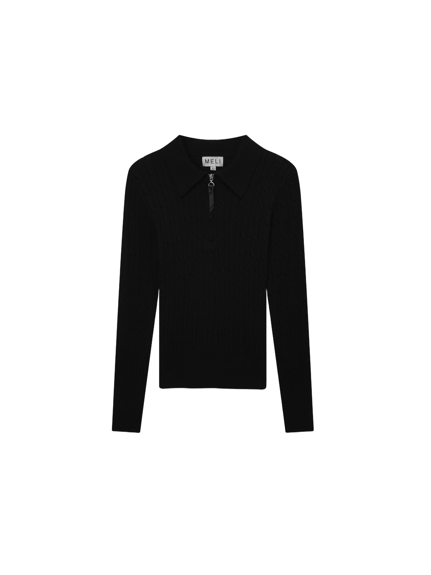 Leather Pull Half Zip Cable Knit Polo Black Casual Knit Top-1
