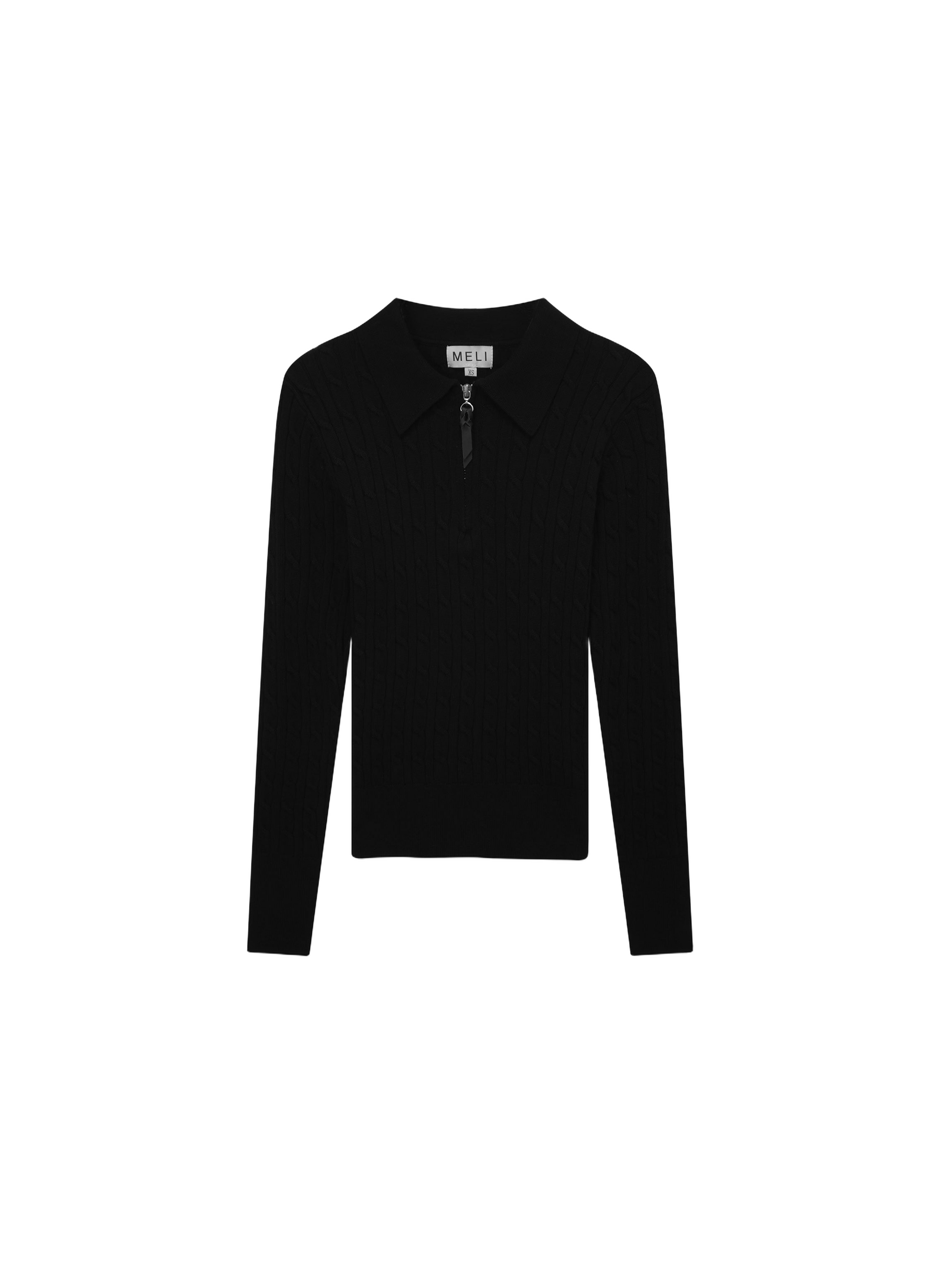 Leather Pull Half Zip Cable Knit Polo Black Casual Knit Top-1