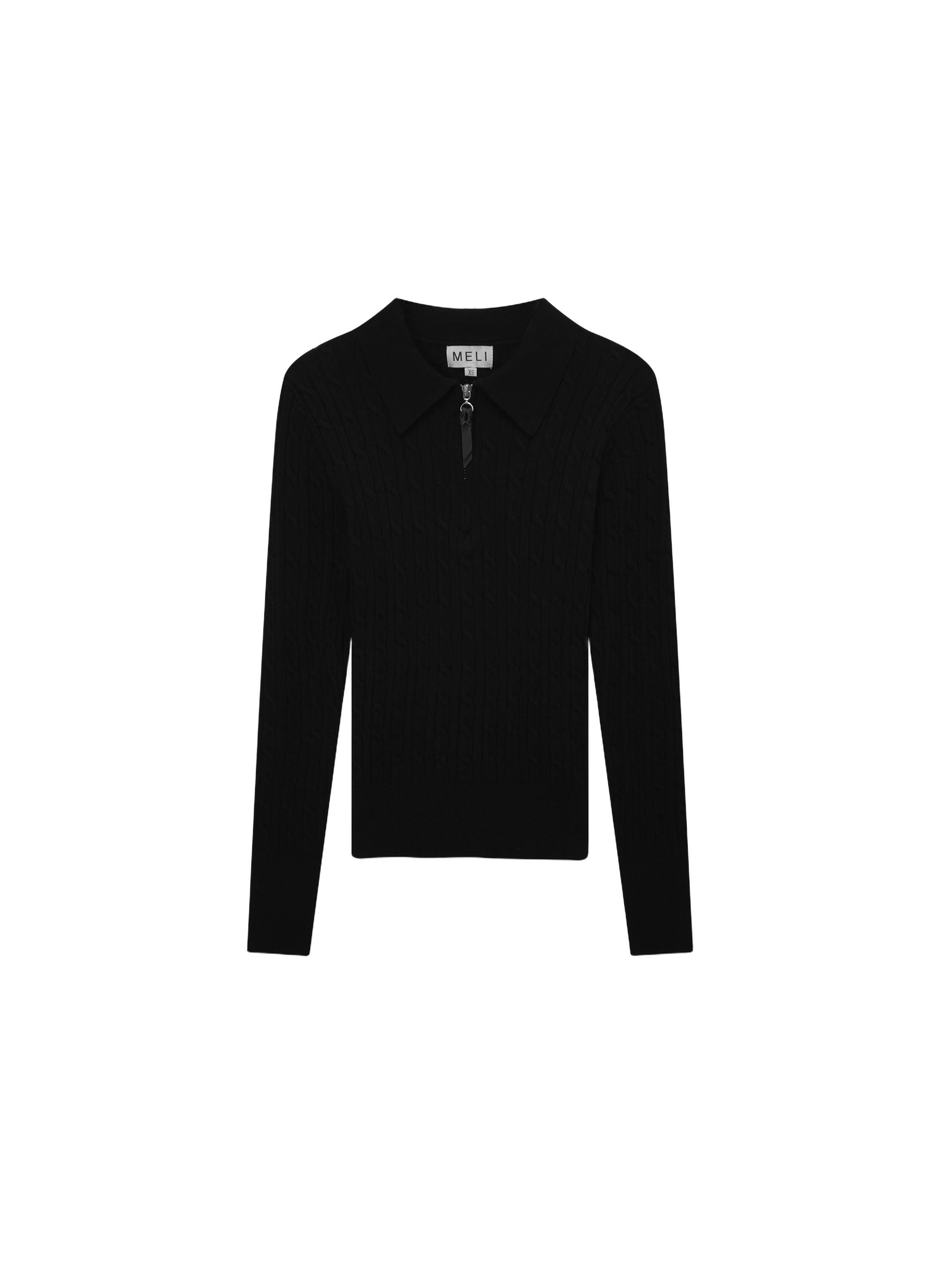 Leather Pull Half Zip Cable Knit Polo Black Casual Knit Top-1