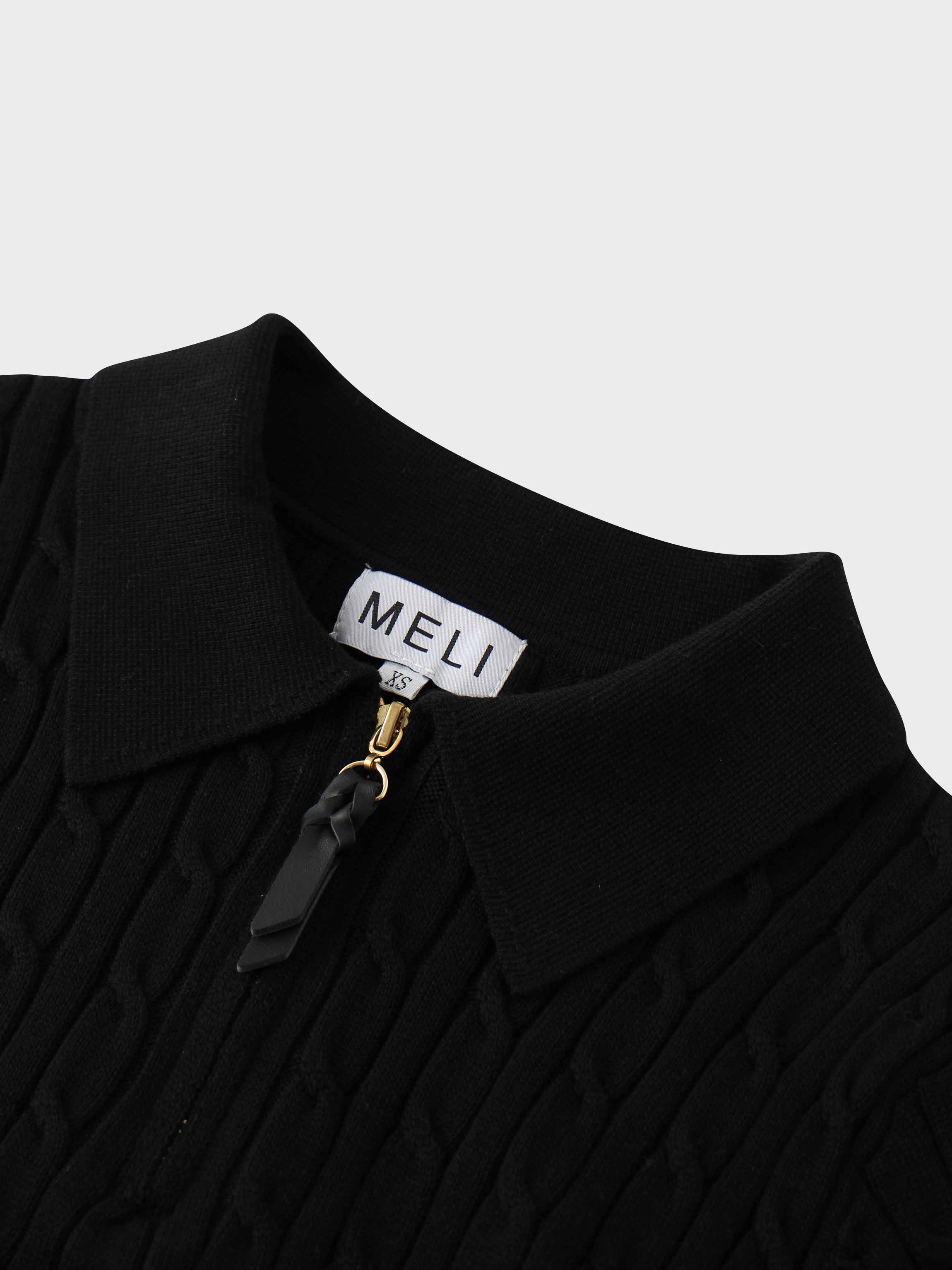 Leather Pull Half Zip Cable Knit Polo Black Casual Knit Top-3