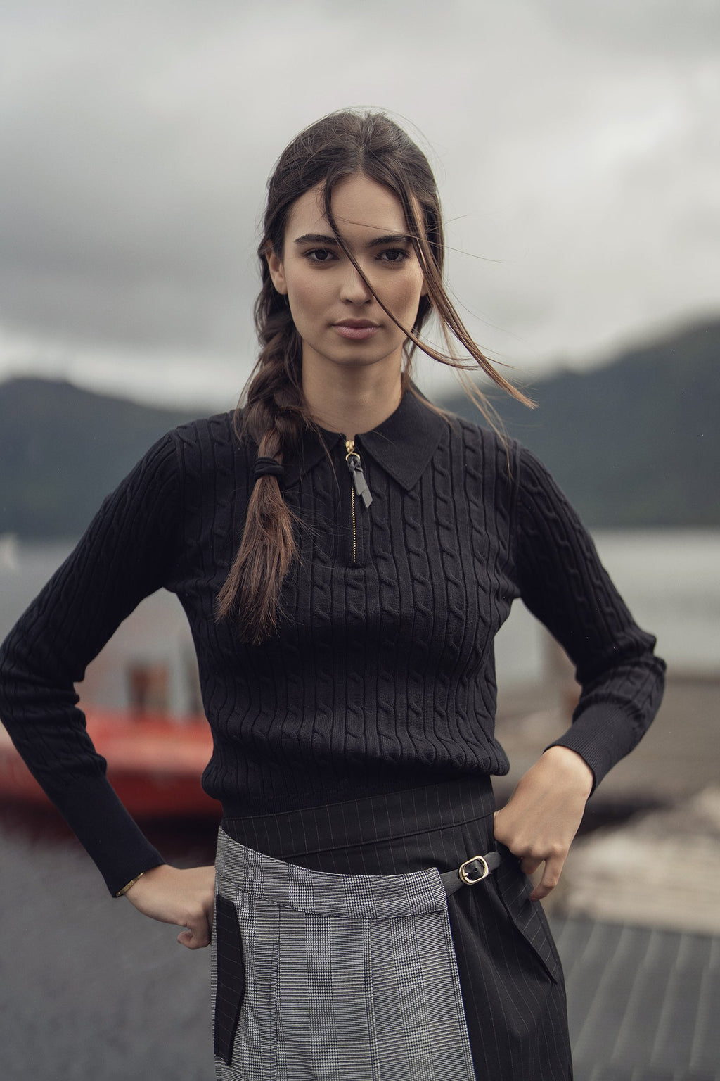 Leather Pull Half Zip Cable Knit Polo Black Casual Knit Top-0