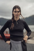 Leather Pull Half Zip Cable Knit Polo Black Casual Knit Top-0