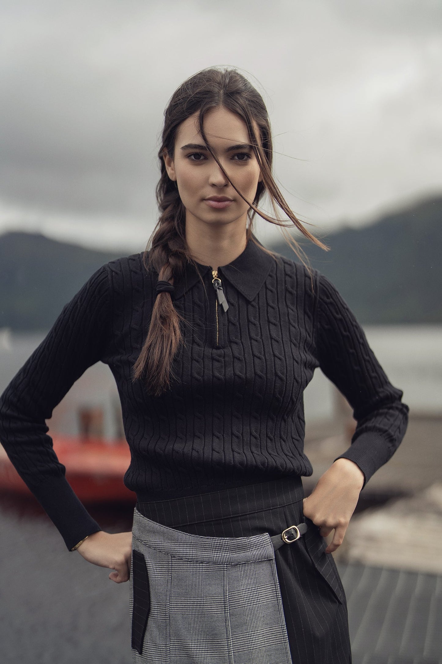 Leather Pull Half Zip Cable Knit Polo Black Casual Knit Top-0