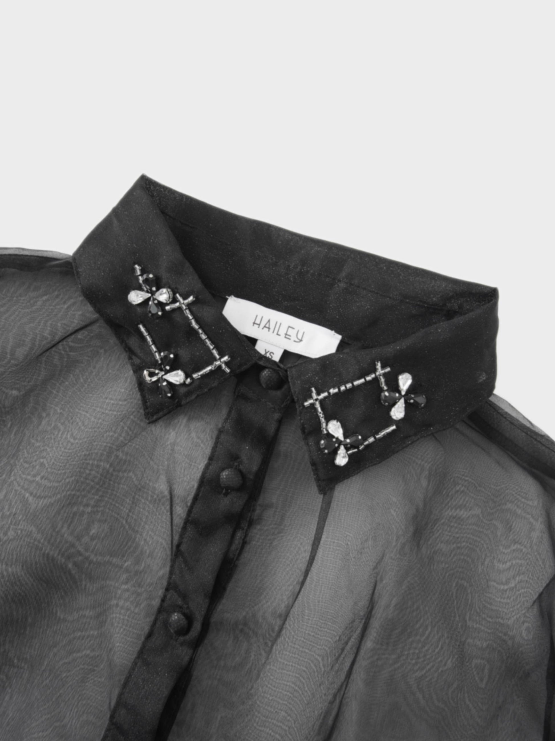 Black Organza Beaded Collar Blouse Elegant Dressy Top for Women-4
