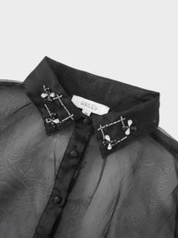 Black Organza Beaded Collar Blouse Elegant Dressy Top for Women-4