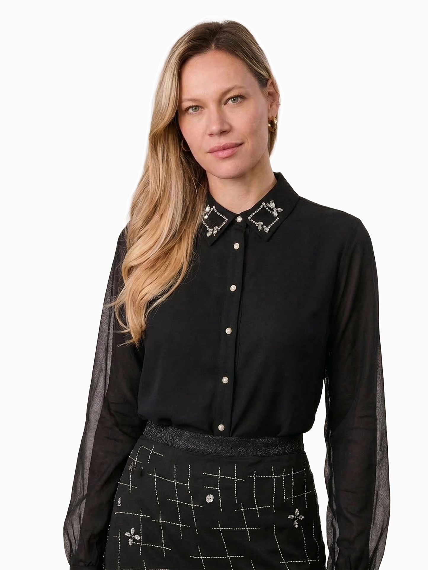Black Organza Beaded Collar Blouse Elegant Dressy Top for Women-0