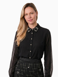 Black Organza Beaded Collar Blouse Elegant Dressy Top for Women-0
