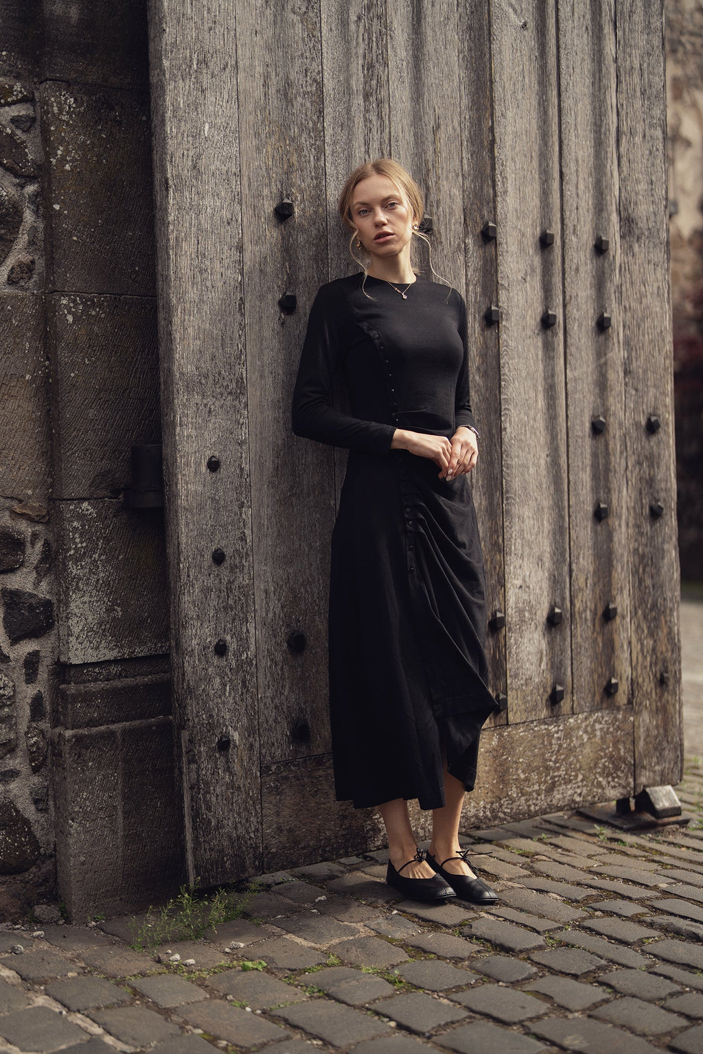 Side Shirred Black Knit Dress Button Down Elegant Nightwear-0