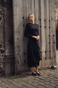 Side Shirred Black Knit Dress Button Down Elegant Nightwear-0