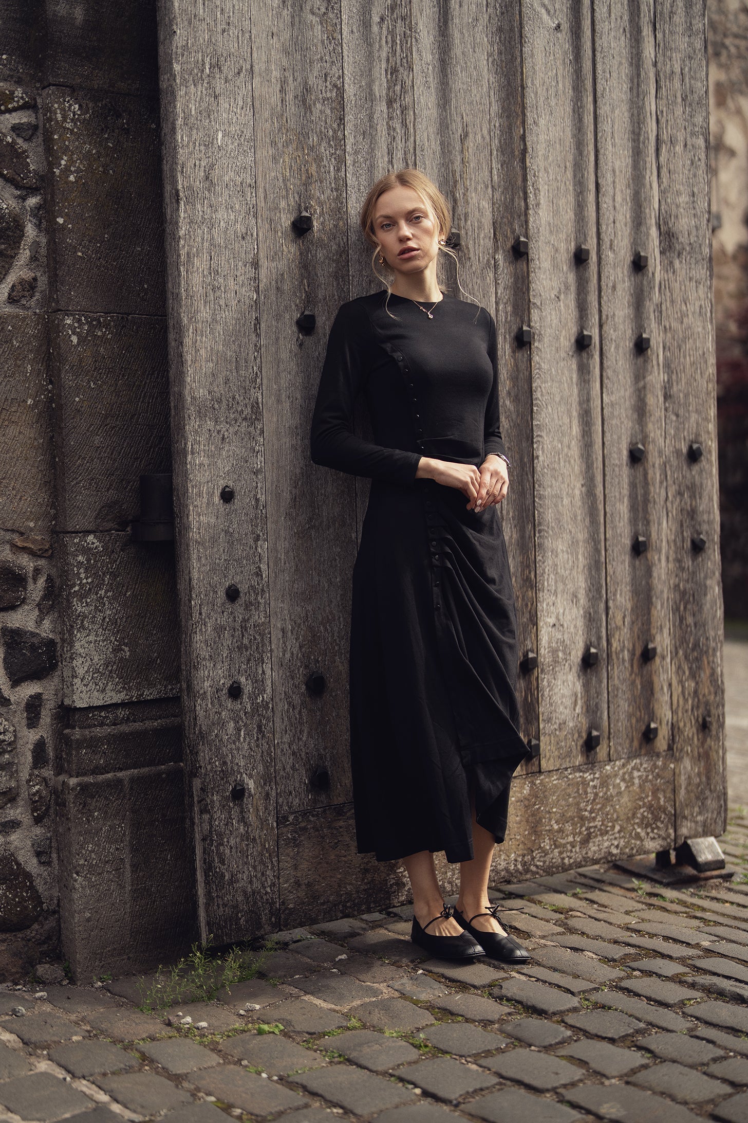 Side Shirred Black Knit Dress Button Down Elegant Nightwear-0