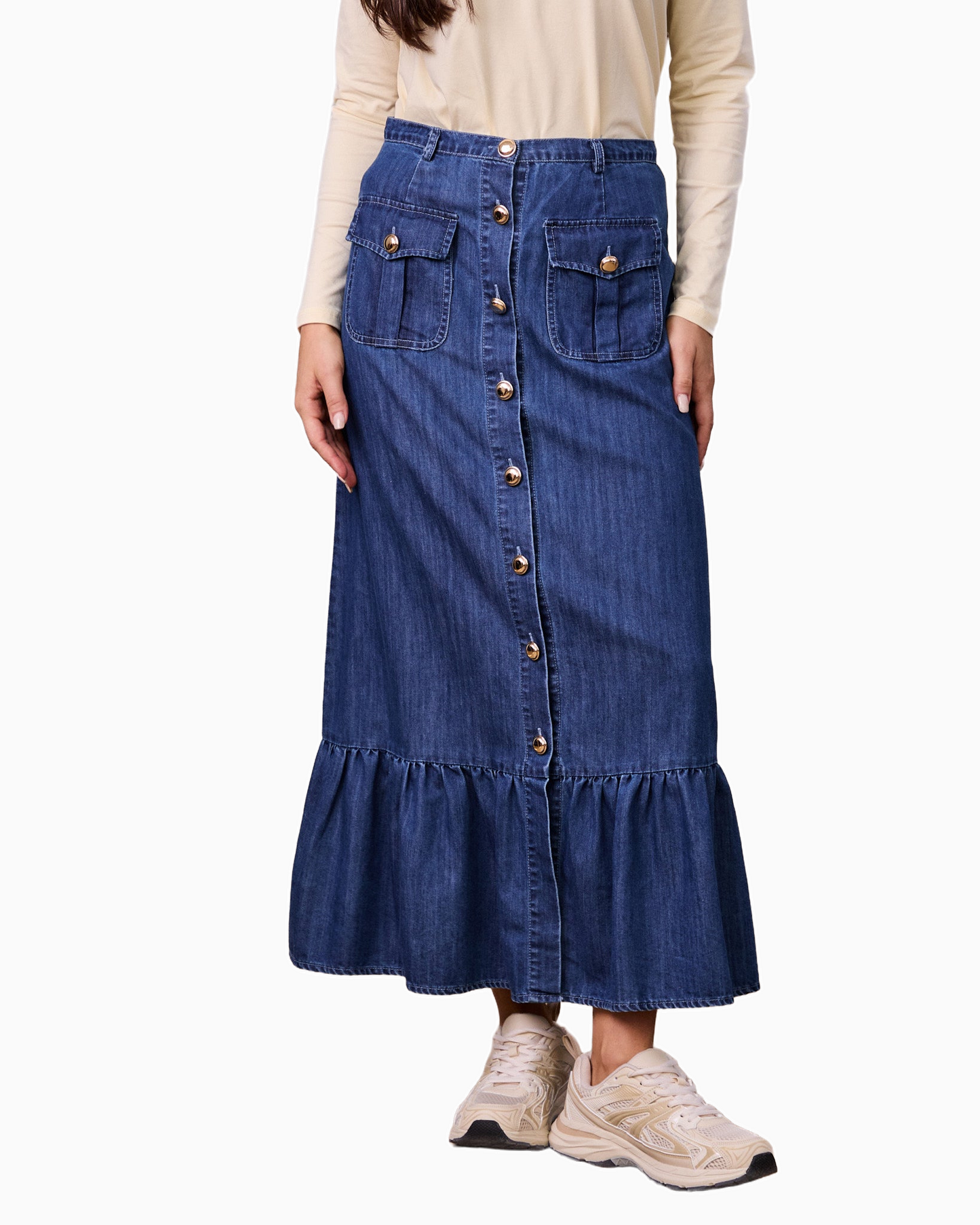 Blue Denim Button Down Skirt with Bottom Ruffle Detail Casual Chic-1