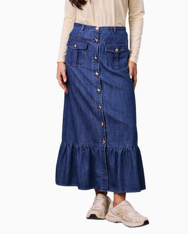 Blue Denim Button Down Skirt with Bottom Ruffle Detail Casual Chic-1