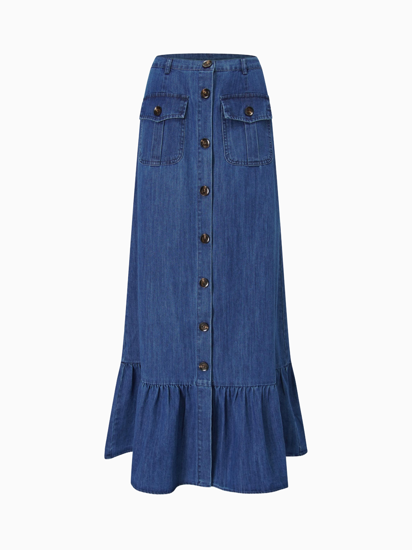 Blue Denim Button Down Skirt with Bottom Ruffle Detail Casual Chic-2