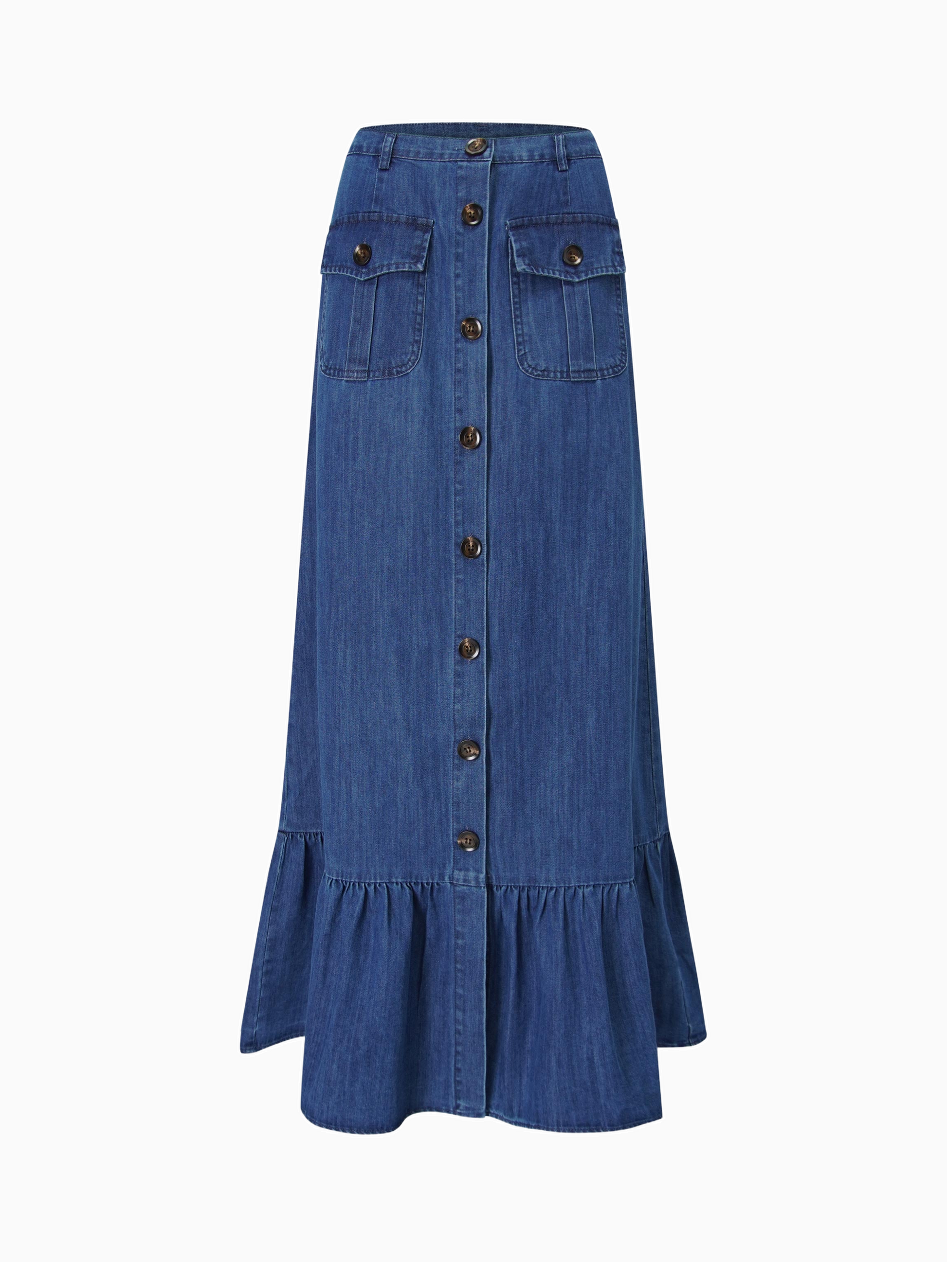Blue Denim Button Down Skirt with Bottom Ruffle Detail Casual Chic-2
