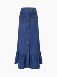Blue Denim Button Down Skirt with Bottom Ruffle Detail Casual Chic-2