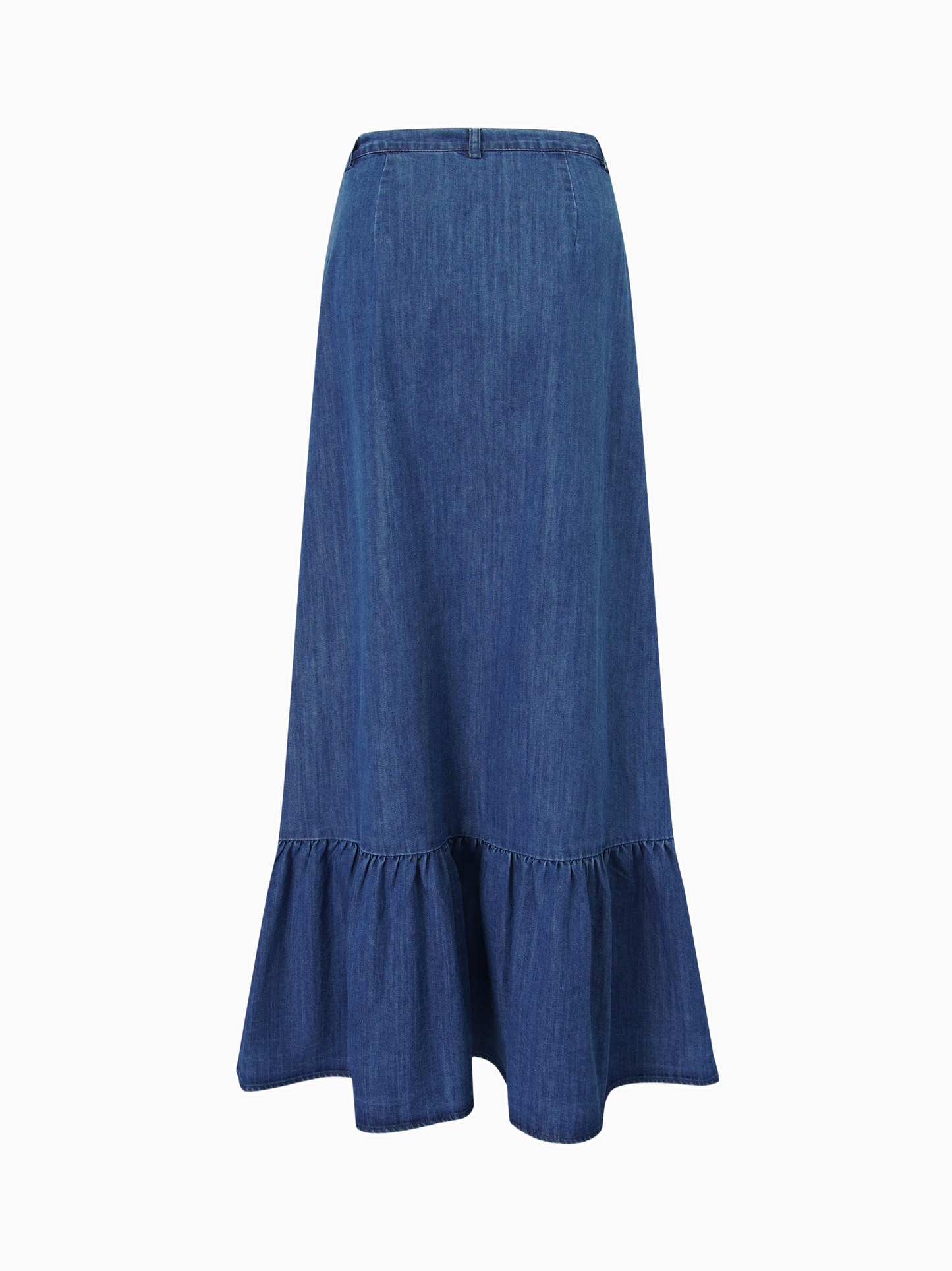 Blue Denim Button Down Skirt with Bottom Ruffle Detail Casual Chic-3