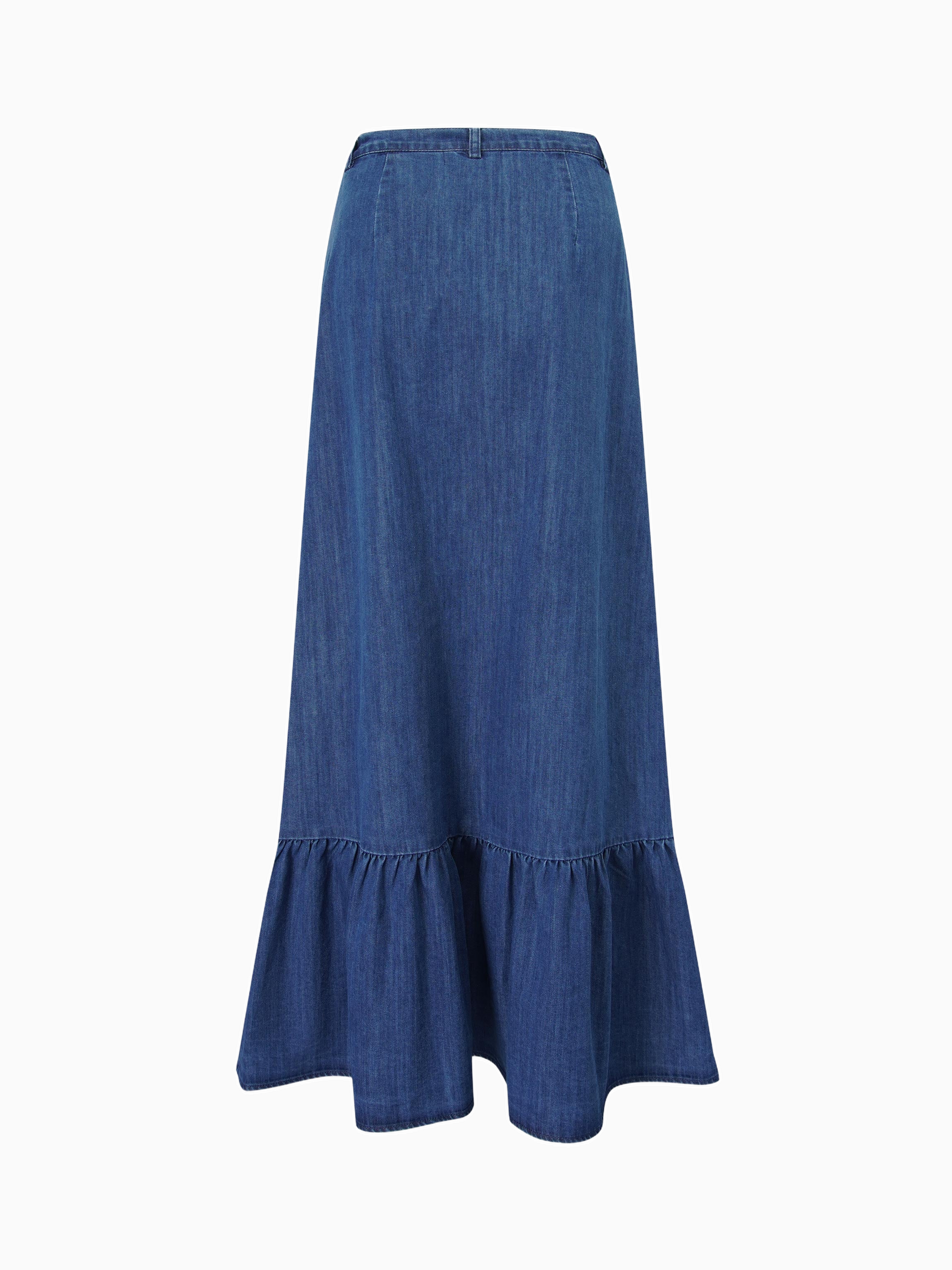 Blue Denim Button Down Skirt with Bottom Ruffle Detail Casual Chic-3