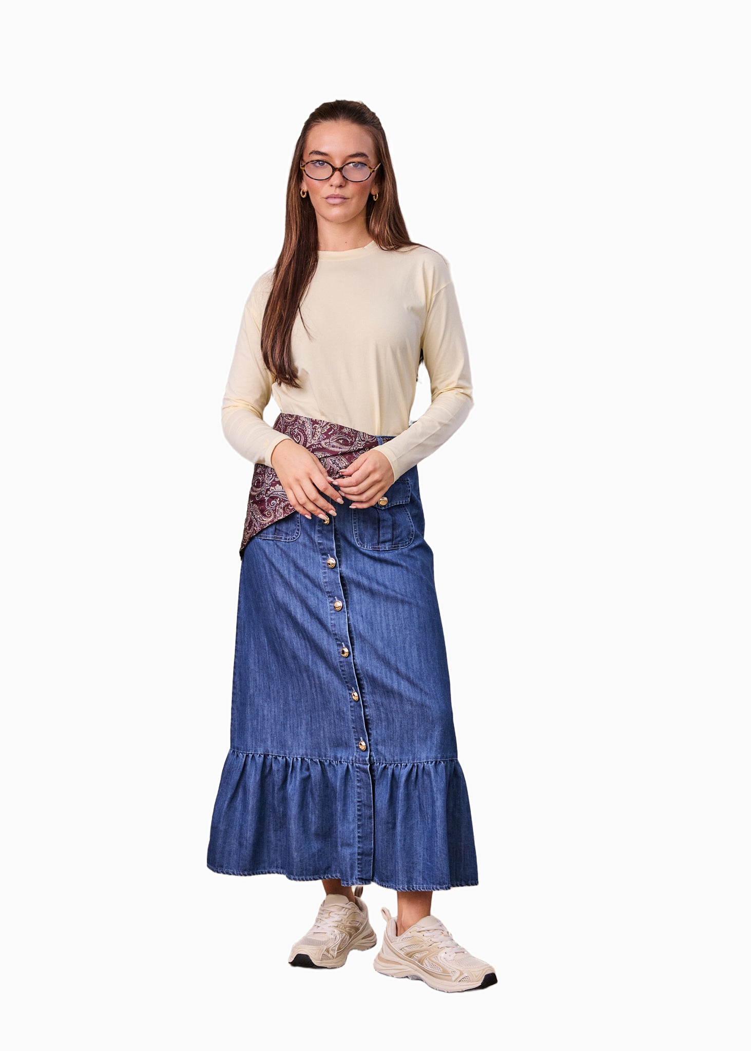 Blue Denim Button Down Skirt with Bottom Ruffle Detail Casual Chic-0