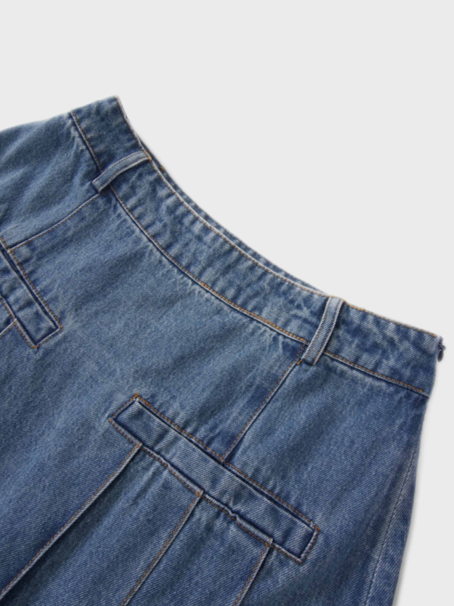 Pleat Pocket Tab Denim Skirt Blue Classic Casual Women’s Skirt-3