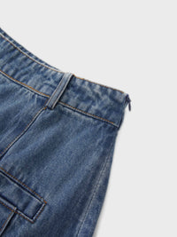 Pleat Pocket Tab Denim Skirt Blue Classic Casual Women’s Skirt-4