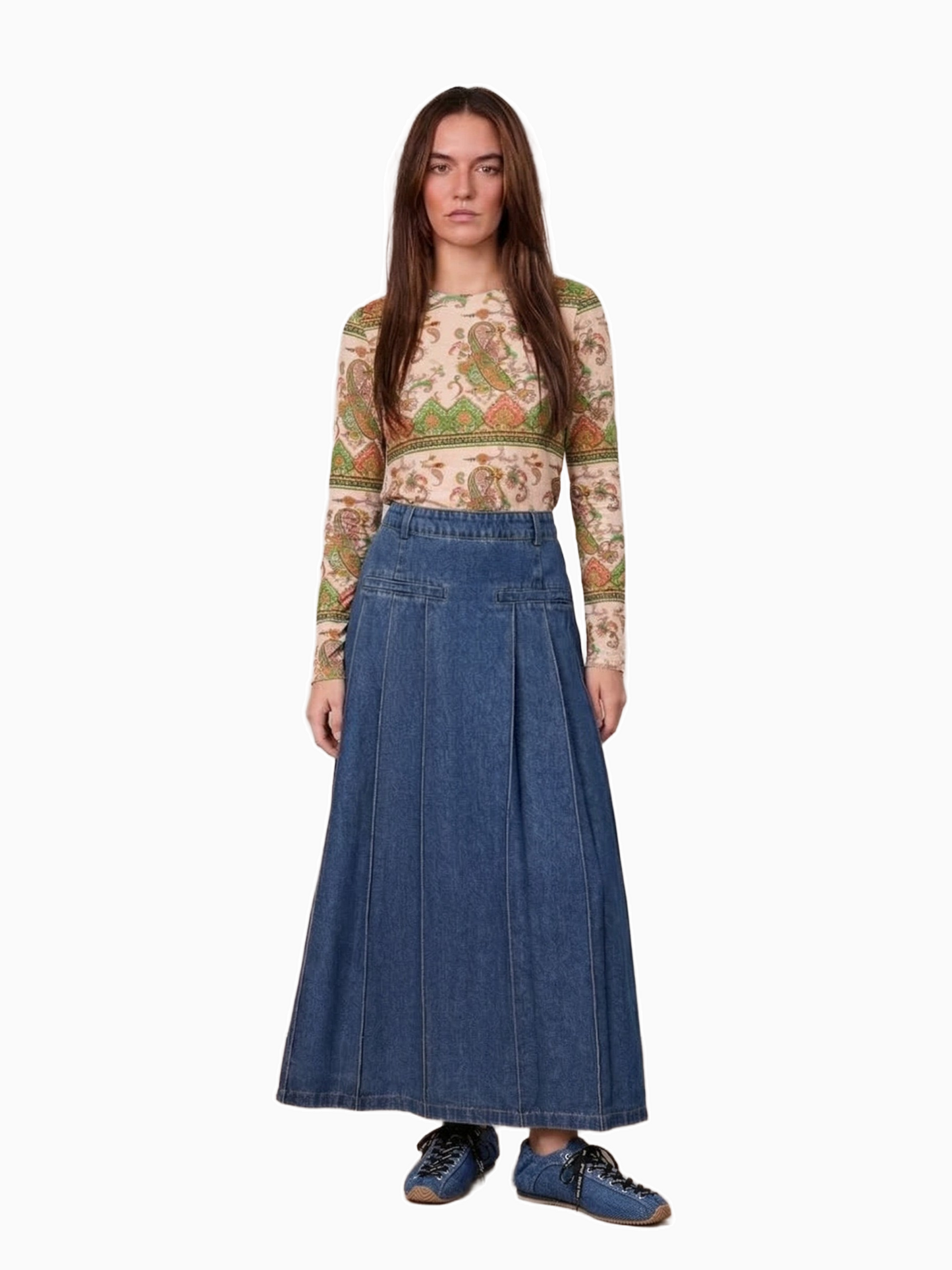 Pleat Pocket Tab Denim Skirt Blue Classic Casual Women’s Skirt-0