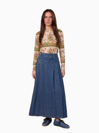 Pleat Pocket Tab Denim Skirt Blue Classic Casual Women’s Skirt-0