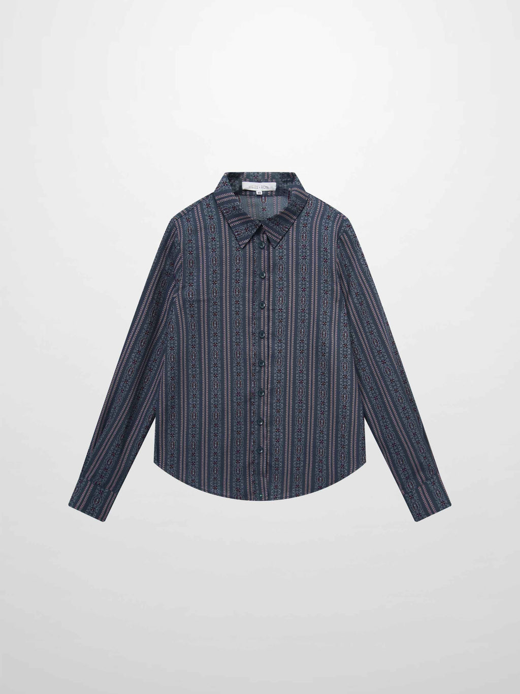 Button Down Blue Striped Medallion Flower Print Blouse for Women-1