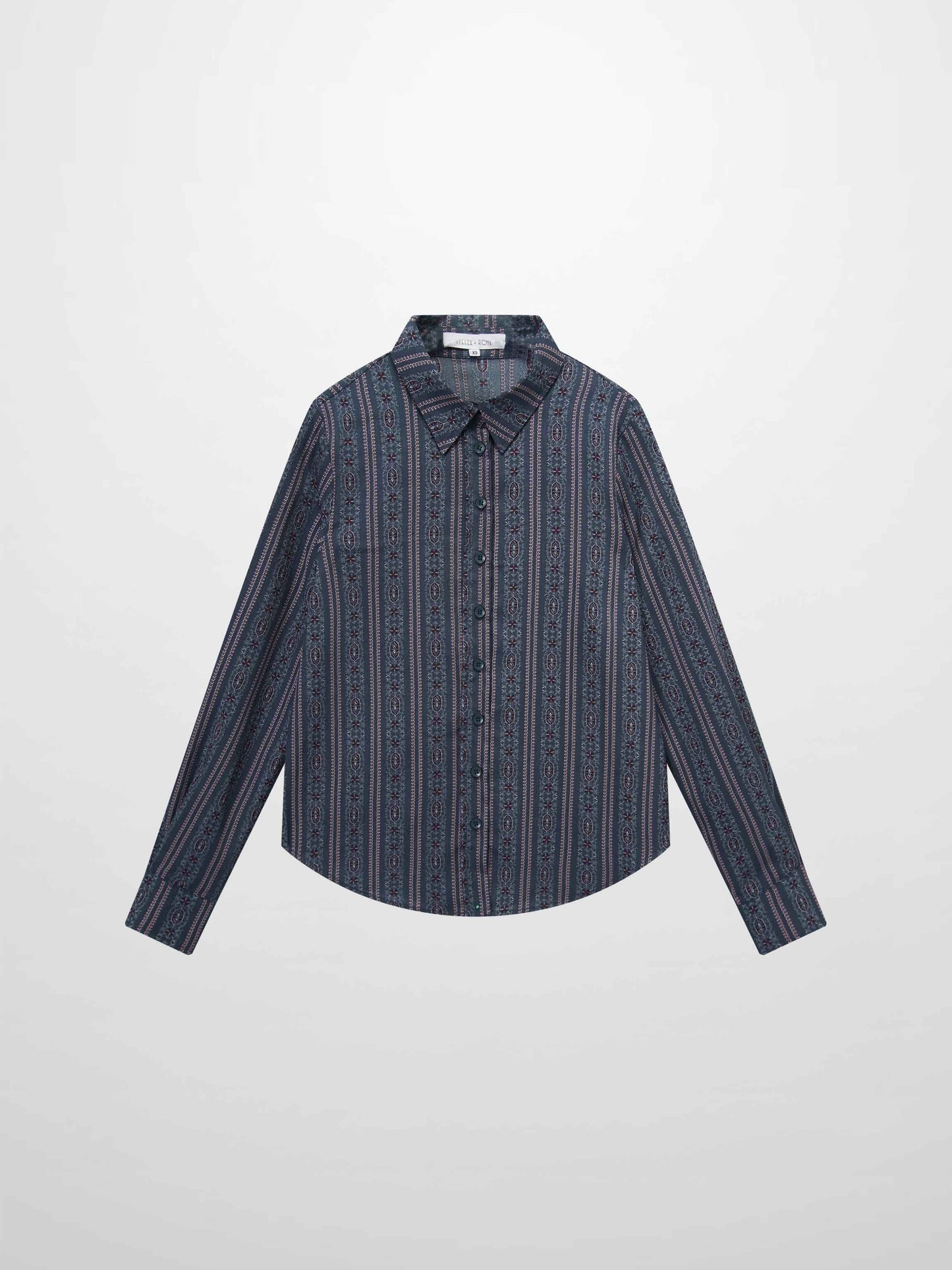 Button Down Blue Striped Medallion Flower Print Blouse for Women-1