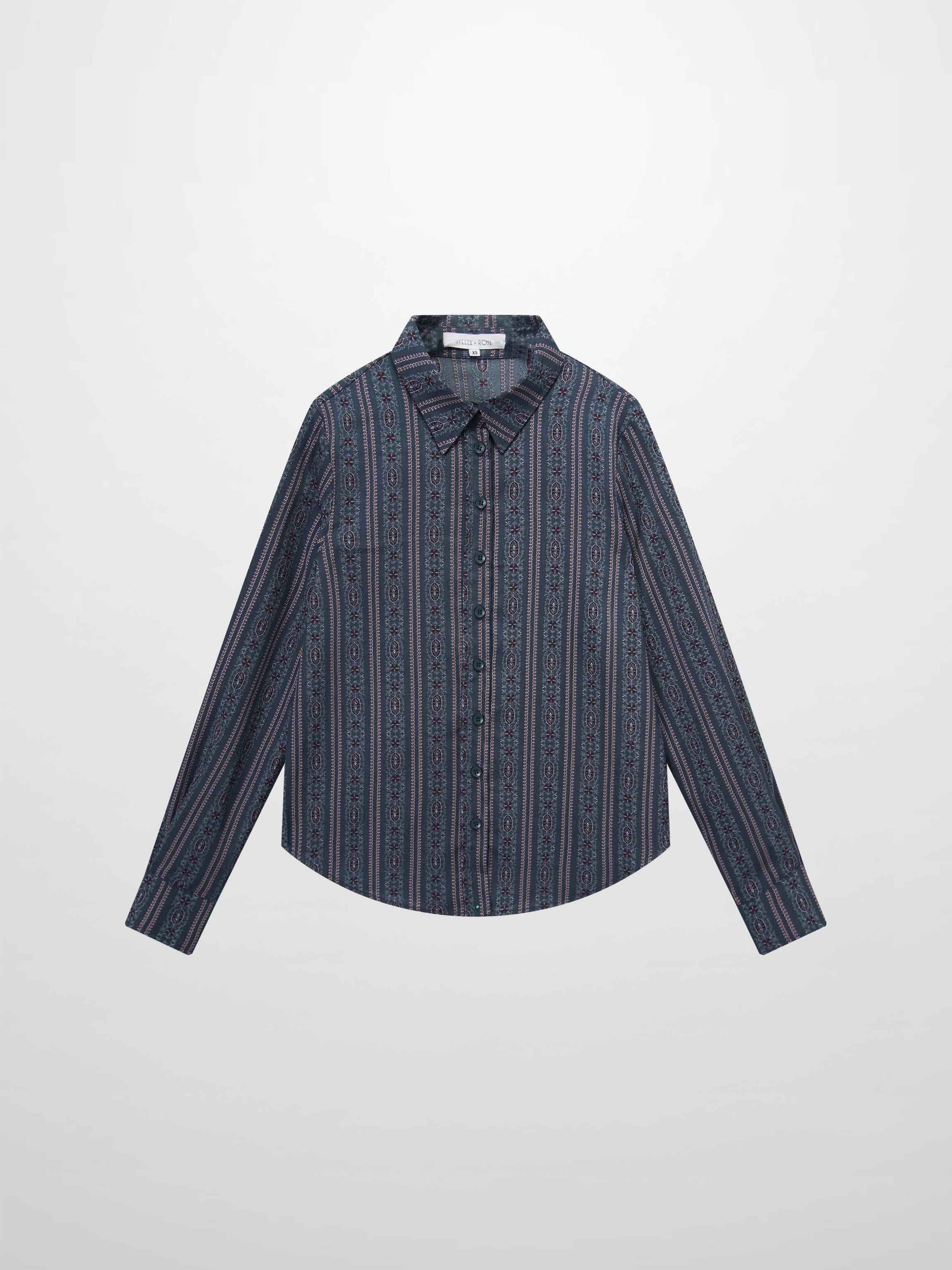 Button Down Blue Striped Medallion Flower Print Blouse for Women-1