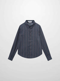 Button Down Blue Striped Medallion Flower Print Blouse for Women-1
